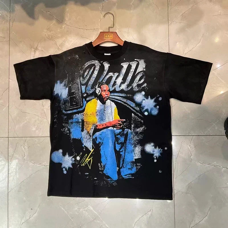Valleydream Black Hip-hop Portrait Splash Ink Vintage T-Shirt