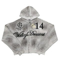Valley Dreams No.14 Vintage Washed Cropped Zip‑Up Hoodie, Unisex Grey Streetwear Jacket